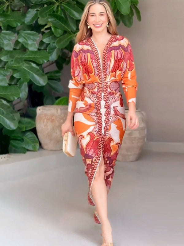 Klara™ - Florales V-Ausschnitt Midi-Kleid