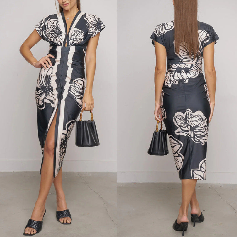 Klara™ - Florales V-Ausschnitt Midi-Kleid