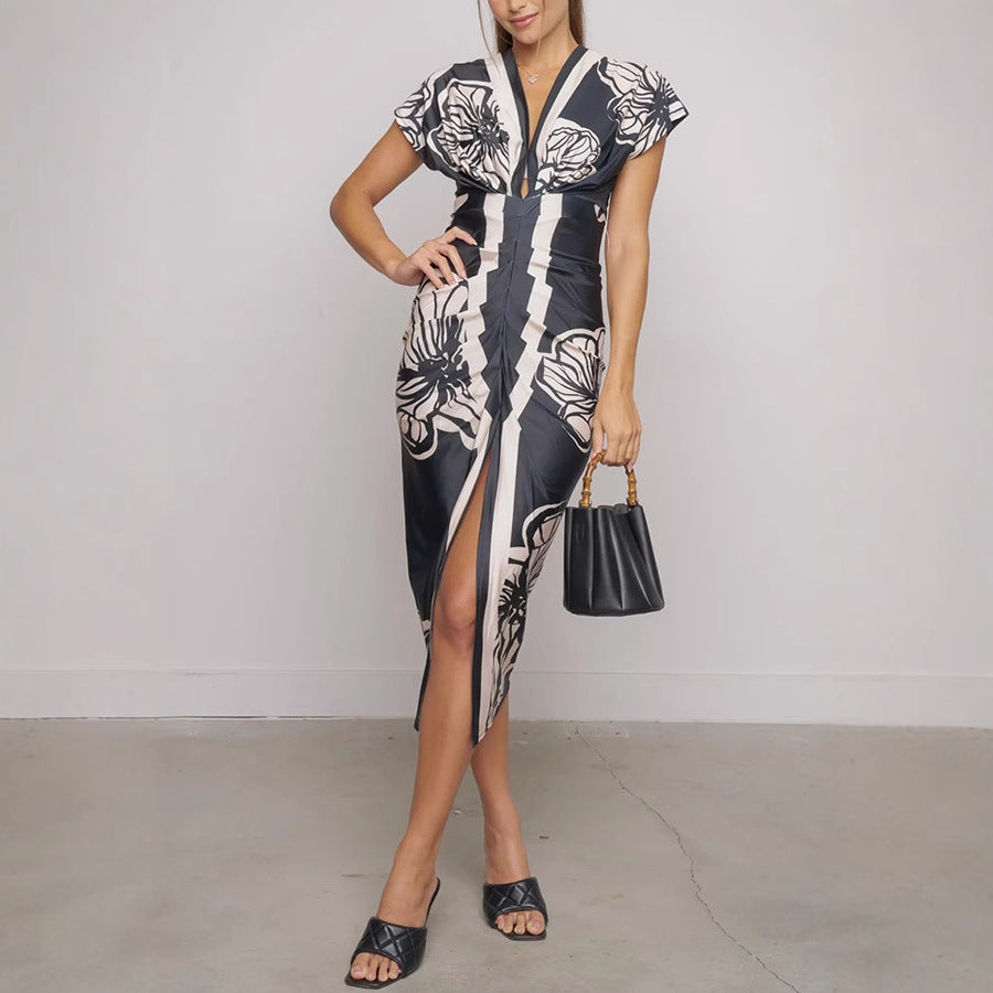 Klara™ - Florales V-Ausschnitt Midi-Kleid