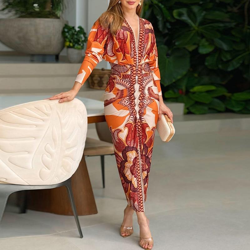 Klara™ - Florales V-Ausschnitt Midi-Kleid