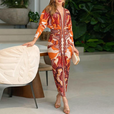 Klara™ - Florales V-Ausschnitt Midi-Kleid